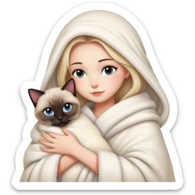 A beautiful girl wrapped in a fluffy blanket hugs a Siamese cat sticker