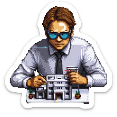 architect man making a model of a building wearing protective glasses sticker