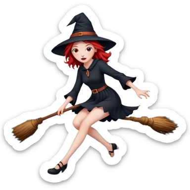 witch with red hair flying , on the background - full moon and black birds, должна сидеть на метле, ноги не касаются краев изображения sticker