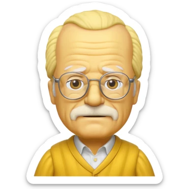 A 3D cartoon close-up of Grandpa Abe Simpson from The Simpsons, rendered in Memoji-style with bald yellow head, white tufts of hair on the sides, wrinkled face, glasses, and warm lighting. Match the Simpsons family color tone and style, yellow dress. sticker