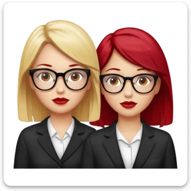 Two white girls, one has blonde hair, brown eyes and glasses and the other one has cherry red hair, brown eyes and red lips sticker