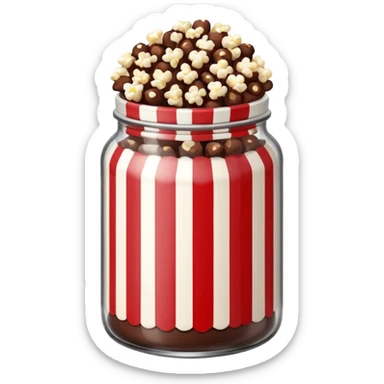 Chocolate popcorn in a jar with red and white vertical lines sticker