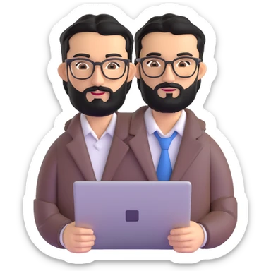 neat well-groomed man with medium black beard, tidy black hair, connected unibrow, olive tan skin, brown eyes, stylish glasses, prominent nose, wearing crisp clean casual business attire, professionally holding a laptop sticker
