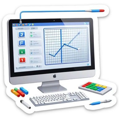 Emoji for Game Design: computer screen with Professional game development interface, 3D models, pixel art and design tools like grid, wireframe, and stylus. Symbolizes the technical and creative process of game development. Transparent background. sticker