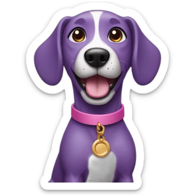 a purple dog with a brown nose and a pink collar with a bone happy  sticker