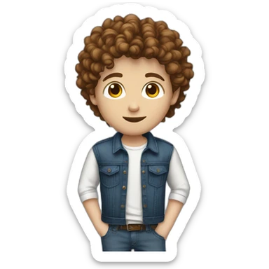 white boy with short brown messy curly hair wearing a white shirt, a dark blue jeans PixelartFSS sticker