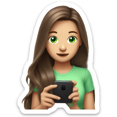 Create a brunette girl with long hair and a pink lock of hair, with green eyes, holding a phone, the light from the phone should fall on the girl sticker