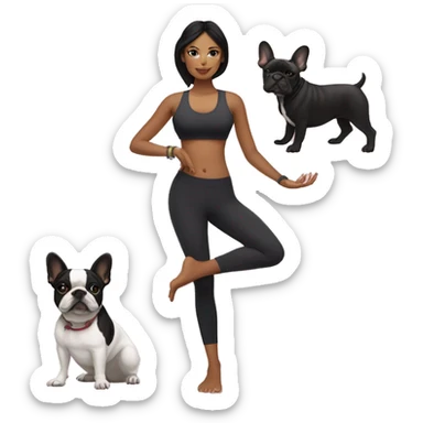 latin women with long black hair in yoga outfit standing alongside two french bulldogs  sticker