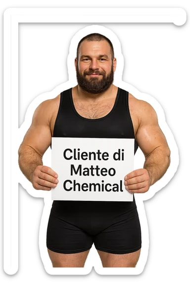 Powerlifter con in mano una targa o un foglio con scritto "Cliente di Matteo Chemical" sticker