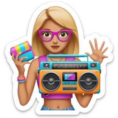 woman holding colorful boombox sticker
