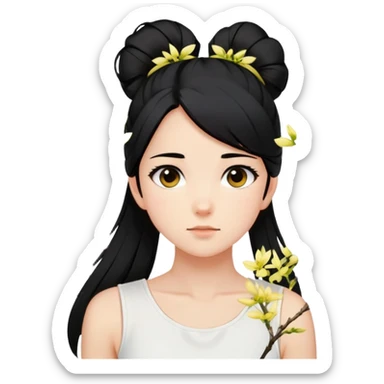 A girl with a high ponytail, a black hair tie, and a sleeveless white top, surrounded by blooming forsythias. sticker