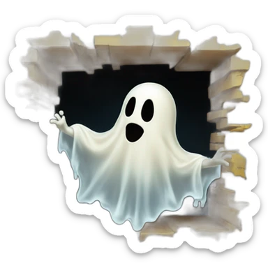 ghost stuck halfway in a wall ejecting a spray of yellowish white milky substance from lower torso in all directions sticker