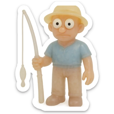 Make the fisherman even more transparent, ensure the whole body is visible, and make the eyes derpy with large white eyeballs and small black pupils looking in different directions. Maintain the style of a full-body, retro 90's toy that is very transparent and slightly see-through, with natural tan skin, blue shirt, yellow hat, pants, noticeable fishing pole, soft plastic texture, soft reflections, soft and squishy feel, some cloudiness, not shiny, highly detailed, and appealing. No tag and no background. The style is retro 90's toy with soft plastic texture and transparency. sticker