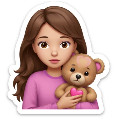 girl with long wavy brown hair, brown eyes, light to medium complexion, in a pink shirt, pink lips, long lashes, sad, hugging squeezing  a teddy bear with hearts sticker