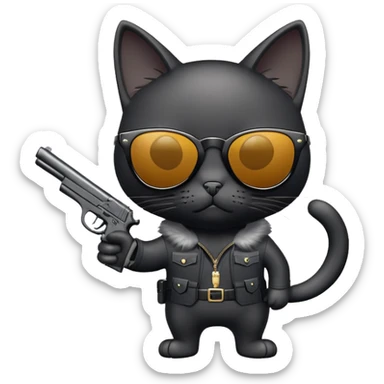 black cat with sunglasses and a gun sticker