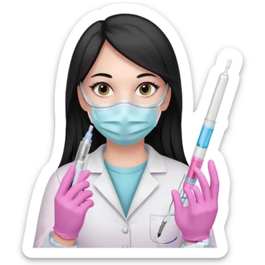 laboratorista con guantes rosa pastel y mascarilla rosa pastel jeringa tubo laboratorio sin lentes pelo lacio negro y largo sticker