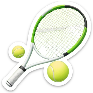 A tennis racket and a ball placed on a grassy court, with the net visible in the background. The scene captures the elegance and energy of the sport, with a vibrant green court and soft sunlight highlighting the equipment. sticker