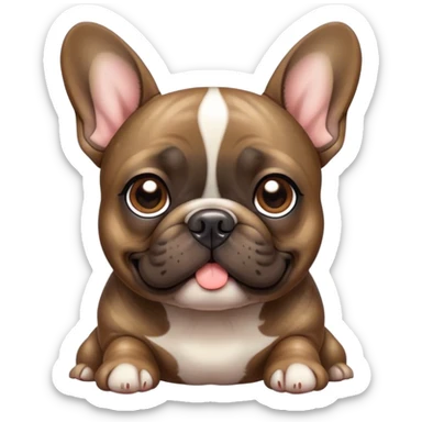 Cinematic Cute Brindle French Bulldog Portrait Emoji, Head tilted playfully and inquisitively, featuring a glossy brindle coat with a smooth texture and delicate fawn highlights, round, sparkling dark eyes filled with curiosity, Simplified yet irresistibly adorable features, highly detailed, glowing with a warm, friendly glow, high shine, affectionate and lively, stylized with a touch of whimsy, bright and endearing, soft glowing outline, capturing the essence of a mischievous yet loving companion, so playful it feels like it could prance out of the screen and into your arms! sticker