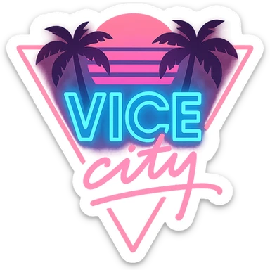 Vice City style logo, neon light pink and blue, 80s retro, palm silhouettes, glowing effect sticker