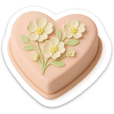 Remove the birthday candles, keep only the heart-shaped fondant cake with white flowers, fondant cake art style, transparent background. sticker