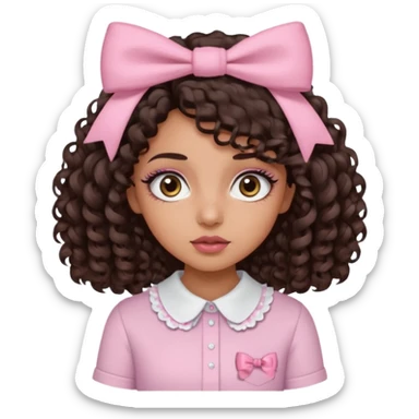 Do a Curly haired girl with dark brown hair, brown eyes, medium tan skin, big eyes and big lashes, with thin lips and add a shirt with a bow sticker