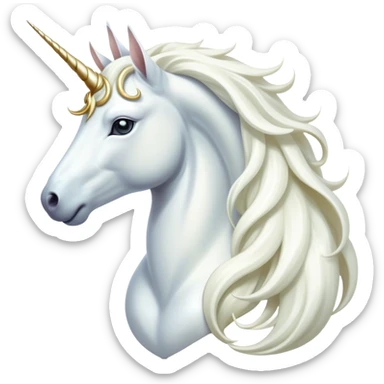 Cinematic Noble White Unicorn Portrait Emoji, Poised and regal, with a slender, ethereal form draped in a pristine white color, a flowing mane and tail, and a glistening, spiraled horn that radiates pure light, Simplified yet sharp and sophisticated features, highly detailed, glowing with a soft, iridescent luminescence, high shine, intelligent and transcendent, stylized with an air of mythical enchantment, focused and serene, soft glowing outline, capturing the essence of a watchful and confident white unicorn that appears ready to prance out of the screen with magical grace! sticker