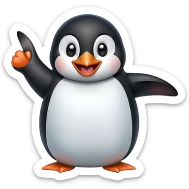 a penguin laughing hard, pointing with his floss sticker