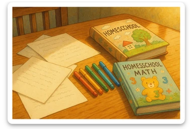 a table with paper, pens, and homeschool books, ghibli-inspired style sticker