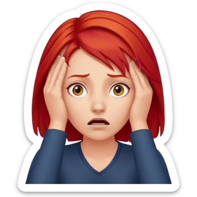 A realistic waist-up portrait of a frightened woman with her hands on her head and red hair sticker