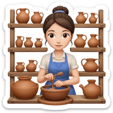 Brunette girl with bun, behind pottery wheel sticker