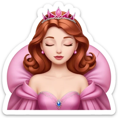 Cinematic Majestic Sleeping Beauty Portrait Emoji, rendered in a clean, vector-style with bold, simplified shapes. Show Aurora with a serene, noble expression, luminous porcelain skin, and elegantly flowing auburn hair, dressed in an opulent pink ball gown. The design radiates a majestic, enchanted glow with high shine and a soft glowing outline, embodying classic royal elegance. sticker