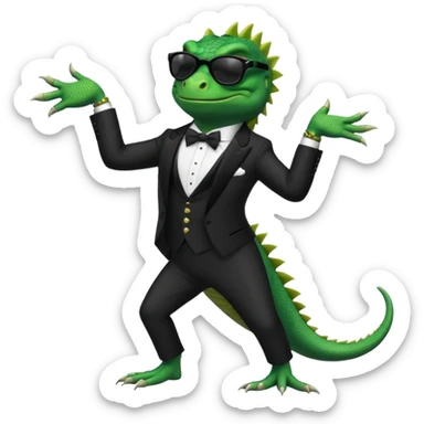 capitalist iguana banker in tuxedo and black sunglasses dancing crazy sticker