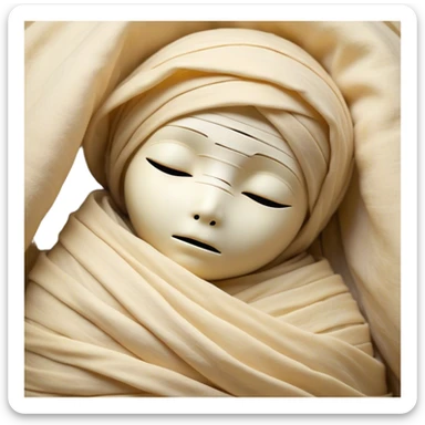A snug, cozily wrapped mummy, fully encased in soft, slightly loose bandages, even its face gently hidden behind folds with only a tiny glimpse of sleepy eyes, nestled in warm, faded tones with gentle golden accents, simplified yet irresistibly charming, highly detailed with a soft glowing outline capturing the peaceful aura of an ancient being drifting into rest! sticker