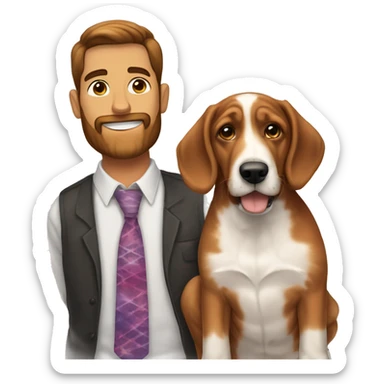 White male with short dark brown hair and reddish brown beard wearing a tie-dyed shirt holding one mostly brown Bassett hound female puppy  sticker