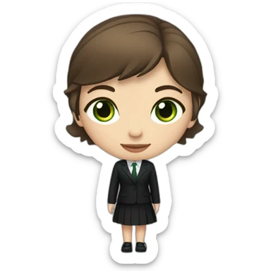 a girl with short brown hair and green eyes and a black suit and black pants with blue shoes sticker