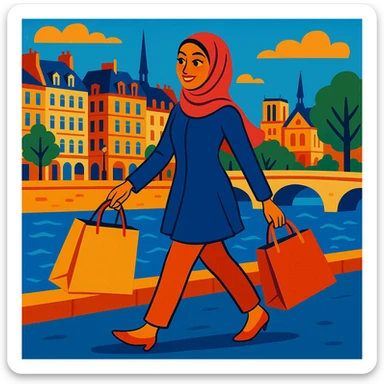 A hijabi woman walking along the Seine River in Paris, holding shopping bags, with Parisian architecture in the background, elegant and lively. sticker