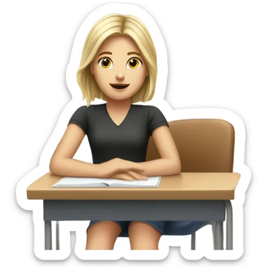 A white girl with a raised hand at a desk at school  sticker