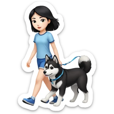 A black-haired girl walks a black and white husky sticker