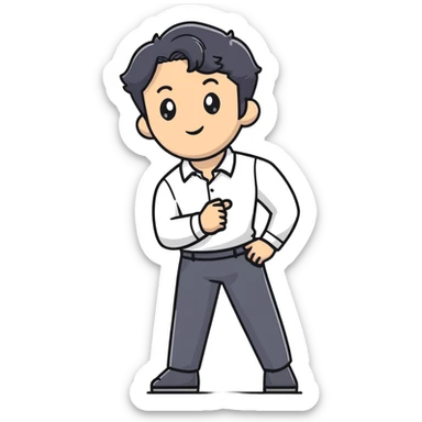 Management educator with black wavy hair, stubble, strong features, white skin, smart casual attire, facilitating an engaging leadership exercise with workshop participants, standing with confident posture sticker