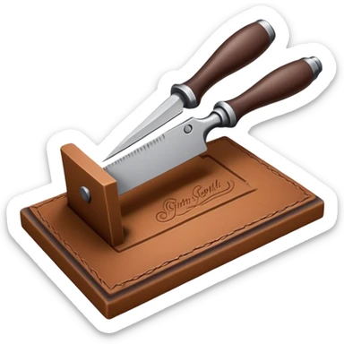 Leatherworking icon, big piece of raw leather with started engraving, engraving tool or chisel, stamp and press, textured surface, minimalistic style, clean lines, transparent background. sticker