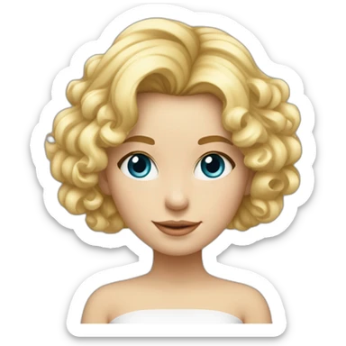 Fille blonde ,cheveux bouclé détaché vers l'arrière ,long jusque au millieu du dos et volumineux,teint blanc , yeux bleu visage un peu carré sticker