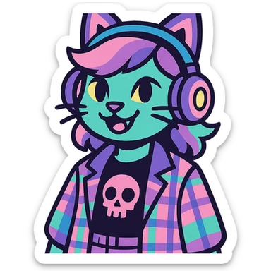 cat ear headphones, pastel goth colors, vibrant toon style sticker