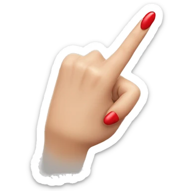 woman hand pointing index finger, red nail varnish. top of the hand is showing sticker