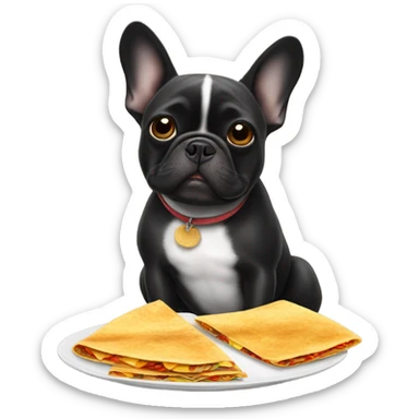 a black french bulldog eating some quesadillas sticker