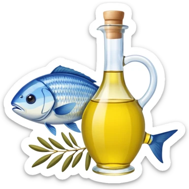 Mediterranean cuisine humanless avatar in clean emoji-style illustration. Olive oil, fish, lemon, blue and sunny colors, light and fresh mood, flat design, high contrast. sticker
