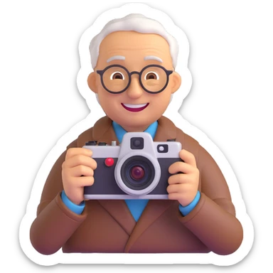 3D smiley emoji, round shape, grandfather with old camera, brown color, smiling face sticker
