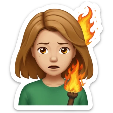 Woman with hair on fire looking stressed and panicked with brown shoulder length hair—longer hair please and light skin—an Irish gal sticker