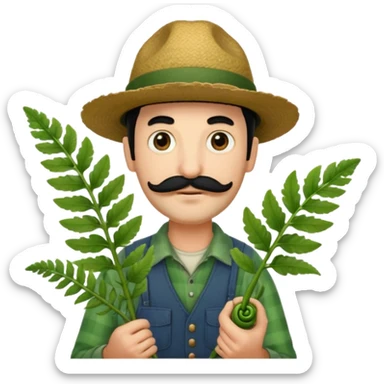 farmer emoji with a hat, black hair, moustache, and light beard, holding a single large fiddlehead fern, based on the attached reference photo sticker