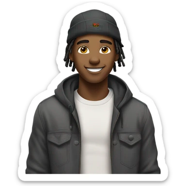 A young African-American male with short, thick dreadlocks, a friendly, confident smile, and a vibrant, approachable energy. He has a slim but toned build and often wears a cap to complement his trendy, casual style. sticker