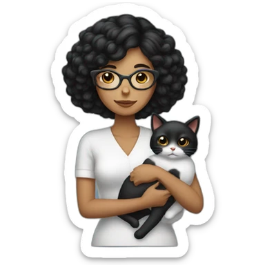 A black hair lady, wearing eyeglass,holding a Sleep cat sticker